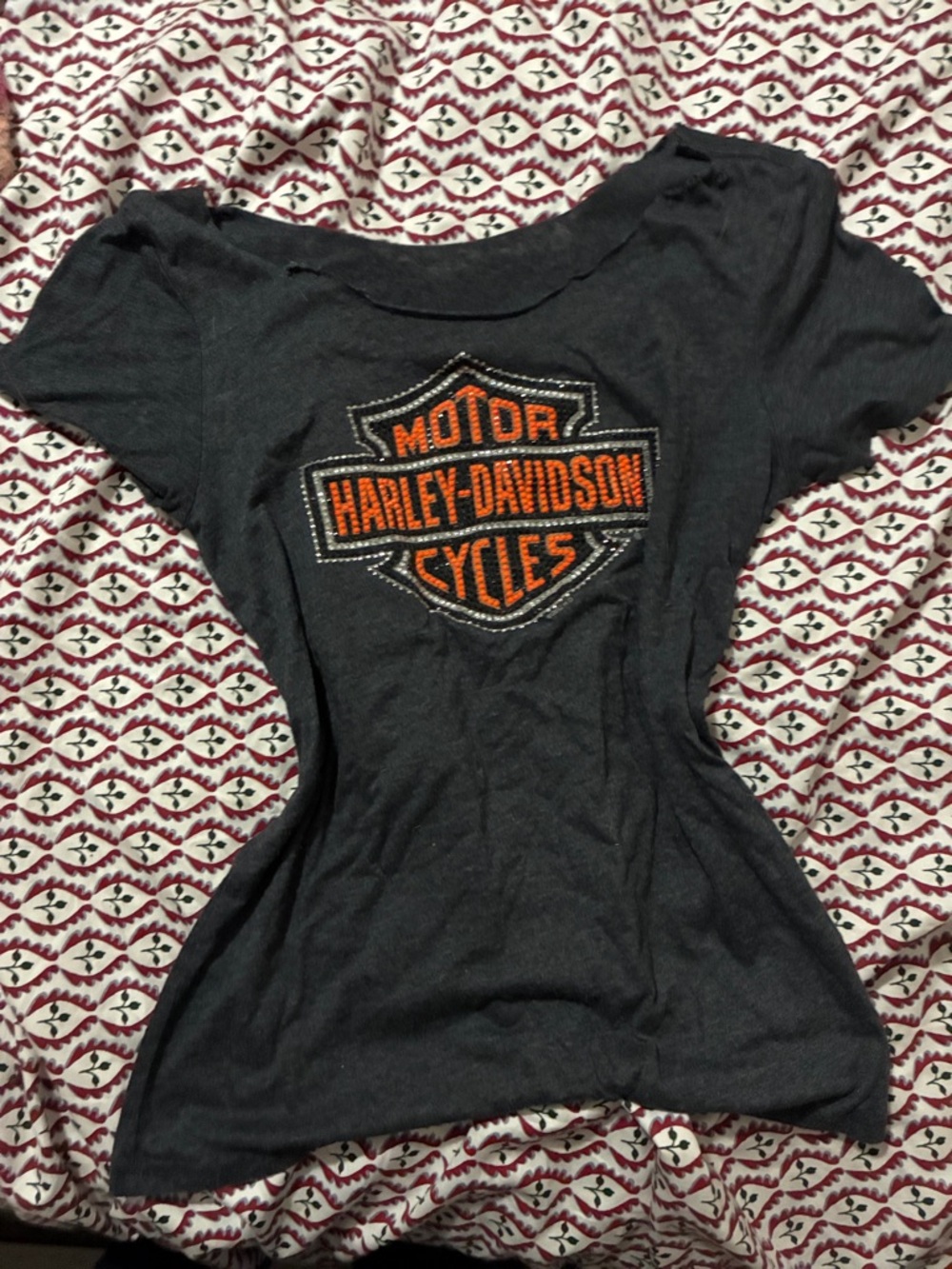 Harley-Davidson Black/Dark Gray Off-The-Shoulder Tee with Orange Logo
